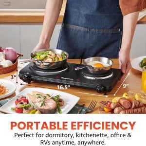 Elite Gourmet EDB-302BF# Countertop Double Cast Iron Burner, 1500 Watts Electric Hot Plate, Temperature Controls, Power Indicator Lights, Easy to Clean, Black